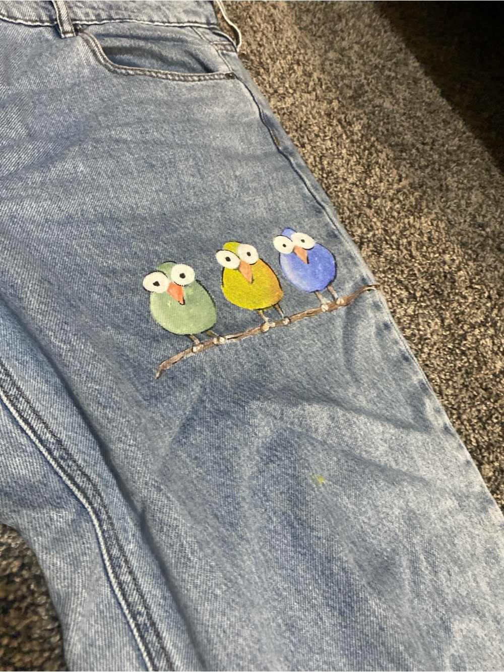Topshop Light Blue Straight Leg Jeans with Colorful Bird Patch